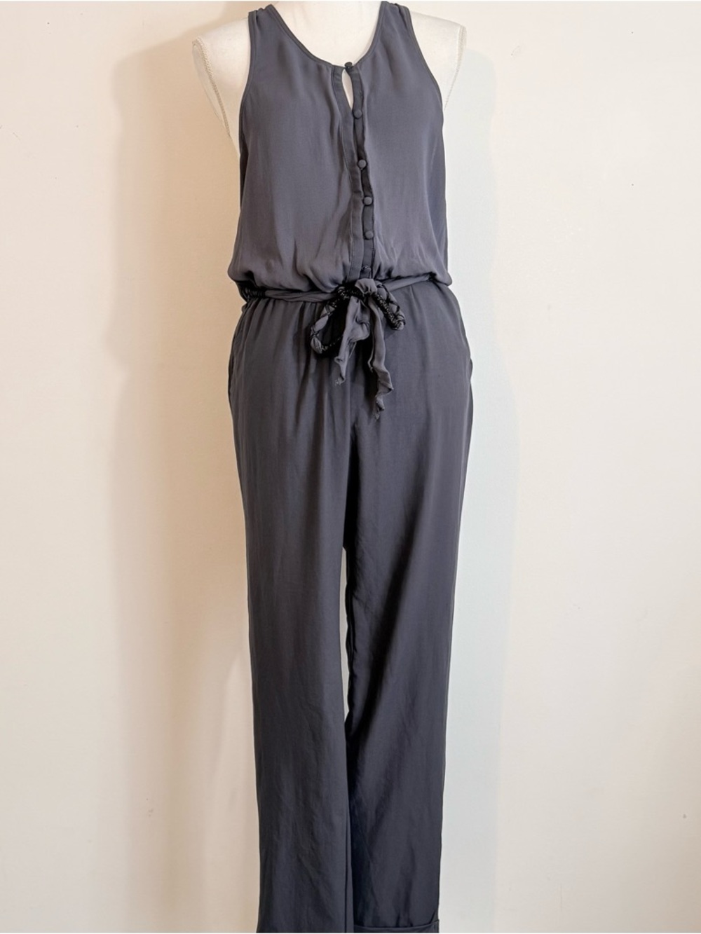 Free People Blue Gray Jumpsuit Sleeveless Button Front Tie Waist Boho Size XS